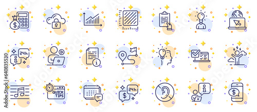 Outline set of Cloud protection, Idea and Video conference line icons for web app. Include Phone payment, Musical note, Education pictogram icons. No hearing, Message, Journey signs. Vector