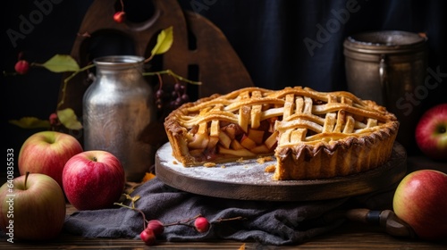 Concept homemade fall baking with apples, food ingredients, spices and kitchen utencil. Cooking apple pie  for Thanksgiving day. 