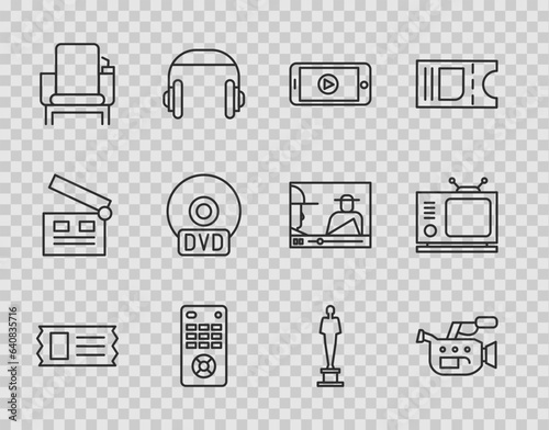 Set line Cinema ticket, camera, Online play video, Remote control, chair, CD or DVD disk, Movie trophy and Retro tv icon. Vector