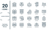 home exterior linear icon set. includes thin line detached house, duplex, country house, mansion, apartment, garage house, two level icons for report, presentation, diagram, web design