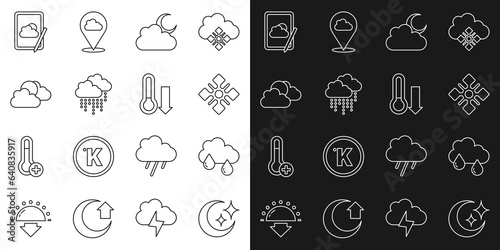 Set line Moon and stars, Cloud with rain, Snowflake, moon, Sun cloud weather, Weather forecast and Meteorology thermometer icon. Vector