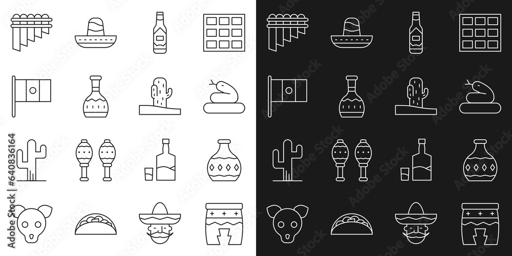 Set line Huehuetl, Tequila bottle, Snake, Tabasco sauce, Mexico flag, Pan flute and Cactus icon. Vector