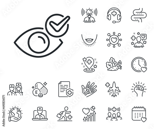 Oculist clinic sign. Online doctor, patient and medicine outline icons. Check eye line icon. Optometry vision symbol. Check eye line sign. Veins, nerves and cosmetic procedure icon. Intestine. Vector