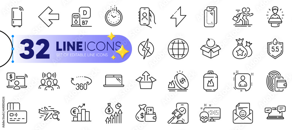 Outline set of Loyalty points, Refrigerator and Euro rate line icons for web with Cyber attack, Laptop, User call thin icon. Developers chat, Energy, Brand ambassador pictogram icon. Vector