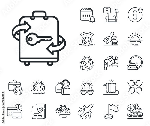 Baggage Locker sign. Plane jet, travel map and baggage claim outline icons. Luggage room line icon. Travel service symbol. Luggage line sign. Car rental, taxi transport icon. Place location. Vector