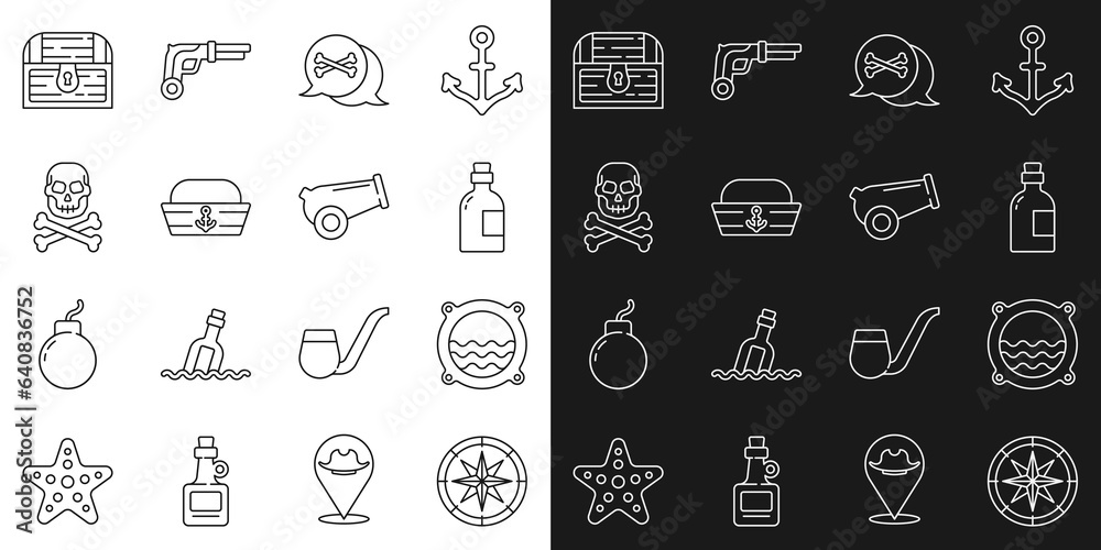 Set line Compass, Ship porthole with seascape, Alcohol drink Rum, Location pirate, Sailor hat, Skull crossbones, Antique treasure chest and Cannon icon. Vector Set line Compass, Ship porthole with seascape, Alcohol drink Rum, Location pirate, Sailor hat, Skull crossbones, Antique treasure chest and Cannon icon. Vector