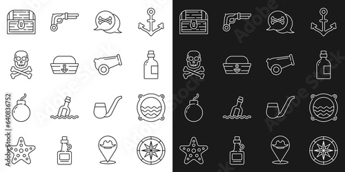 Set line Compass, Ship porthole with seascape, Alcohol drink Rum, Location pirate, Sailor hat, Skull crossbones, Antique treasure chest and Cannon icon. Vector