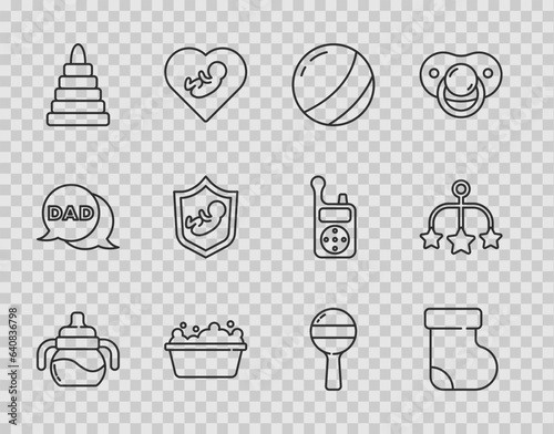 Set line Baby bottle, socks clothes, Beach ball, bathtub, Pyramid toy, on shield, Rattle baby and crib hanging toys icon. Vector