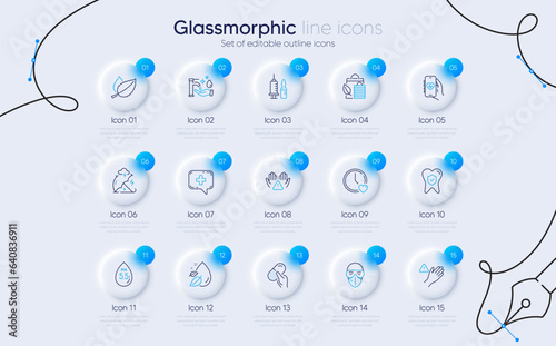 Set of Stress protection, Medical chat and Dating line icons for web app. Medical mask, Dental insurance, Bio shopping icons. Washing hands, Capsule pill, Water drop signs. Ph neutral. Vector