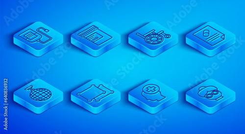 Set line IV bag, Medicine bottle and pills, Wheelchair, Pillow, Male head with hospital, Medical prescription, Disco ball and Grandmother icon. Vector