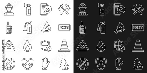 Set line Burning forest tree  Traffic cone  Fire exit  Phone with emergency call 911  extinguisher  Walkie talkie  Firefighter and Hand holding fire icon. Vector