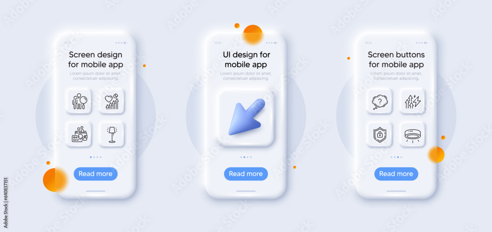 Question mark, Led lamp and Stand lamp line icons pack. 3d phone mockups with cursor. Glass smartphone screen. Inspect, Heart beat, Energy inflation web icon. Search people, Shield pictogram. Vector Question mark, Led lamp and Stand lamp line icons pack. 3d phone mockups with cursor. Glass smartphone screen. Inspect, Heart beat, Energy inflation web icon. Search people, Shield pictogram. Vector