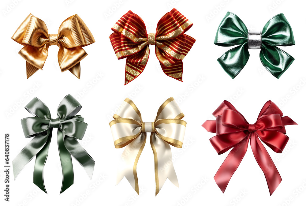 Birthday Christmas bow and ribbon on transparent background cutout. PNG file. Many assorted different design. Mockup template for artwork design
