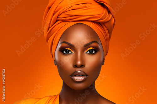 Beautiful african woman in traditional clothes isolated on an orange background