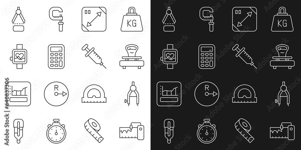 Set line Measuring instrument, Drawing compass, Scales, Diagonal measuring, Calculator, Smart watch, and Syringe icon. Vector Set line Measuring instrument, Drawing compass, Scales, Diagonal measuring, Calculator, Smart watch, and Syringe icon. Vector
