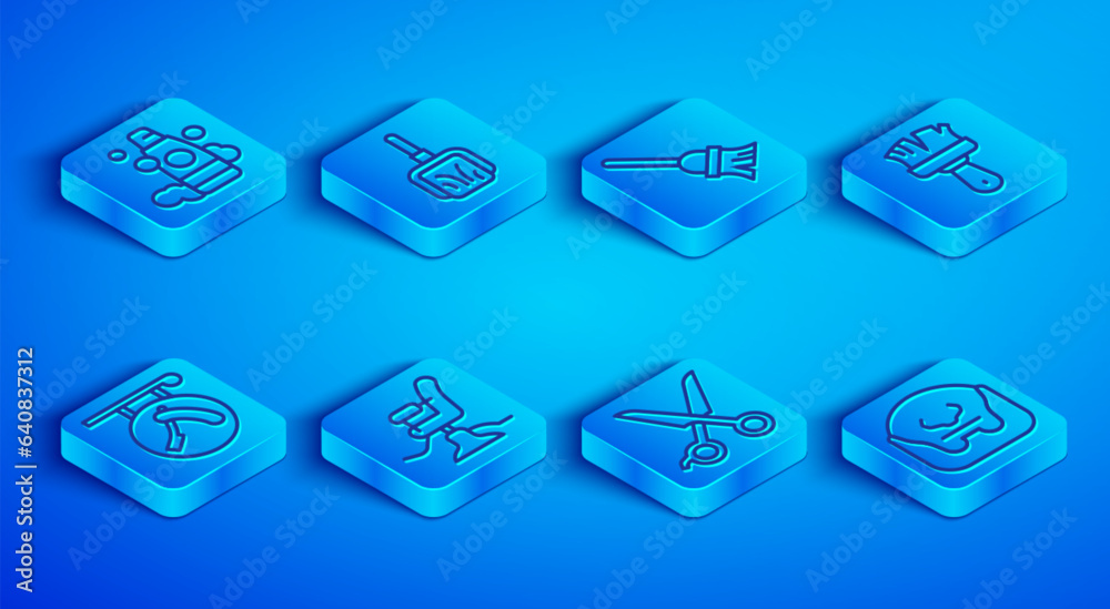 Set line Bottle of shampoo, Dustpan, Mop, Barbershop chair, Scissors hairdresser, Shaving brush, with razor and Mustache and beard icon. Vector Set line Bottle of shampoo, Dustpan, Mop, Barbershop chair, Scissors hairdresser, Shaving brush, with razor and Mustache and beard icon. Vector