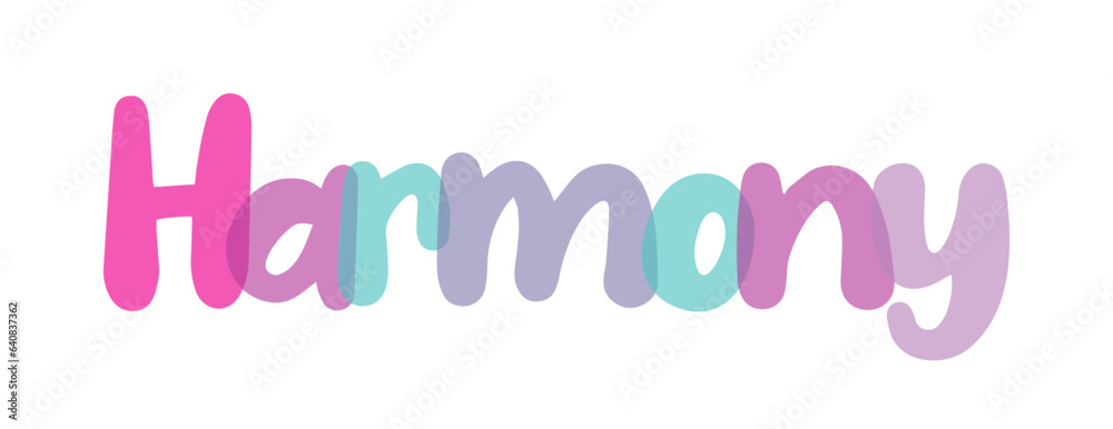 Harmony typography sign, lettering, pink, purple, blue, lilac color combination on white background, sticker, tag. transparent lettering. Word