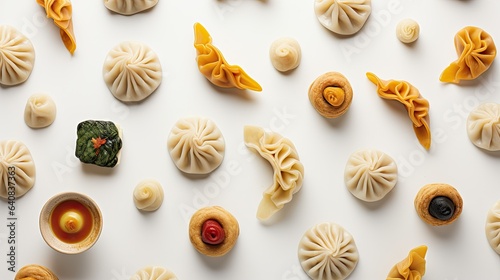 An image of a variety of dumplings neatly laid out on a white surface, showing off their different shapes, colors, and fillings.