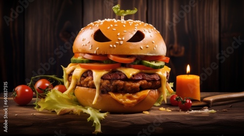 Halloween party burger in shape of scary pumpkin.
Fresh vegetables, dark mood