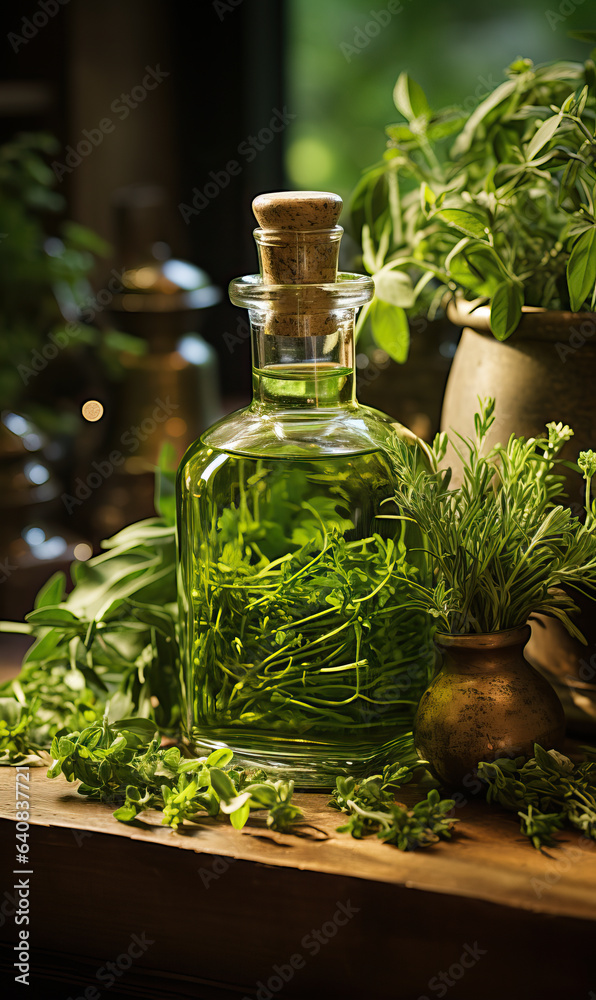 Bottles with oil, herbs on the table on a blurred background. Bottles with oil, herbs on the table on a blurred background.