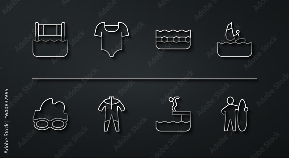 Set line Water volleyball net, Glasses for swimming, Windsurfing, Swimmer diving into pool, Wetsuit scuba, Swimsuit, Surfboard and Swimming icon. Vector Set line Water volleyball net, Glasses for swimming, Windsurfing, Swimmer diving into pool, Wetsuit scuba, Swimsuit, Surfboard and Swimming icon. Vector