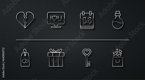 Set line Broken heart or divorce, Please do not disturb with, Bottle love potion, Key in shape, Gift box, Speech bubble text I you, Shopping bag and Calendar February 14 icon. Vector