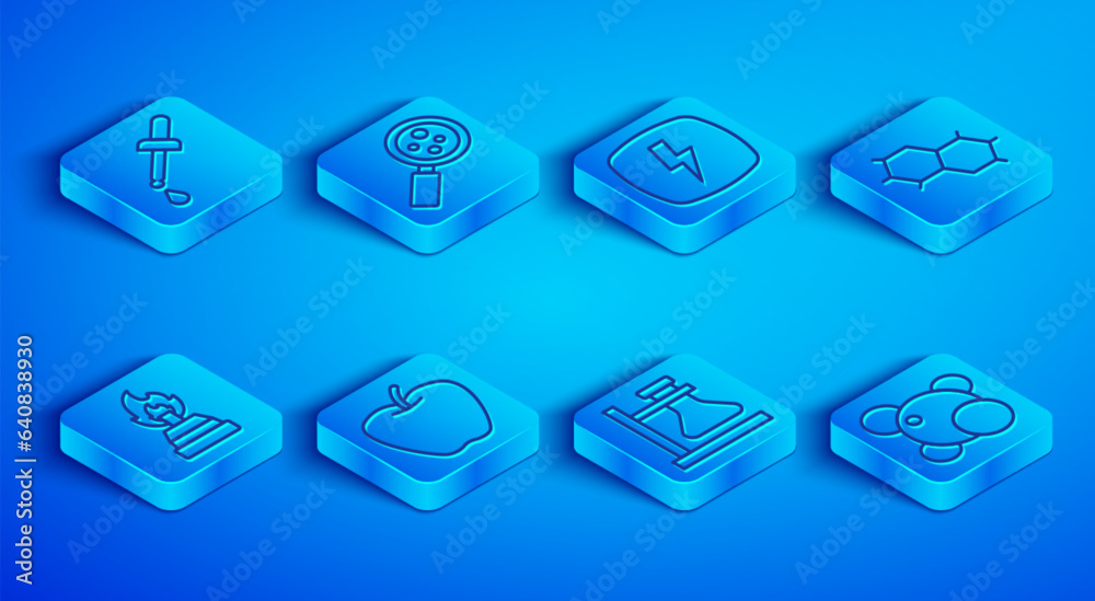 Set line Pipette, Microorganisms under magnifier, Lightning bolt, Apple, Test tube flask on stand, Chemical formula, Alcohol spirit burner and Molecule icon. Vector Set line Pipette, Microorganisms under magnifier, Lightning bolt, Apple, Test tube flask on stand, Chemical formula, Alcohol spirit burner and Molecule icon. Vector
