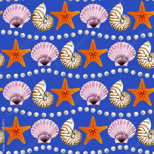 Seamless pattern of a marine, tropical theme. Bright shells, starfish, pearls. Watercolor hand drawn illustration. For decoration and design. On blue background.