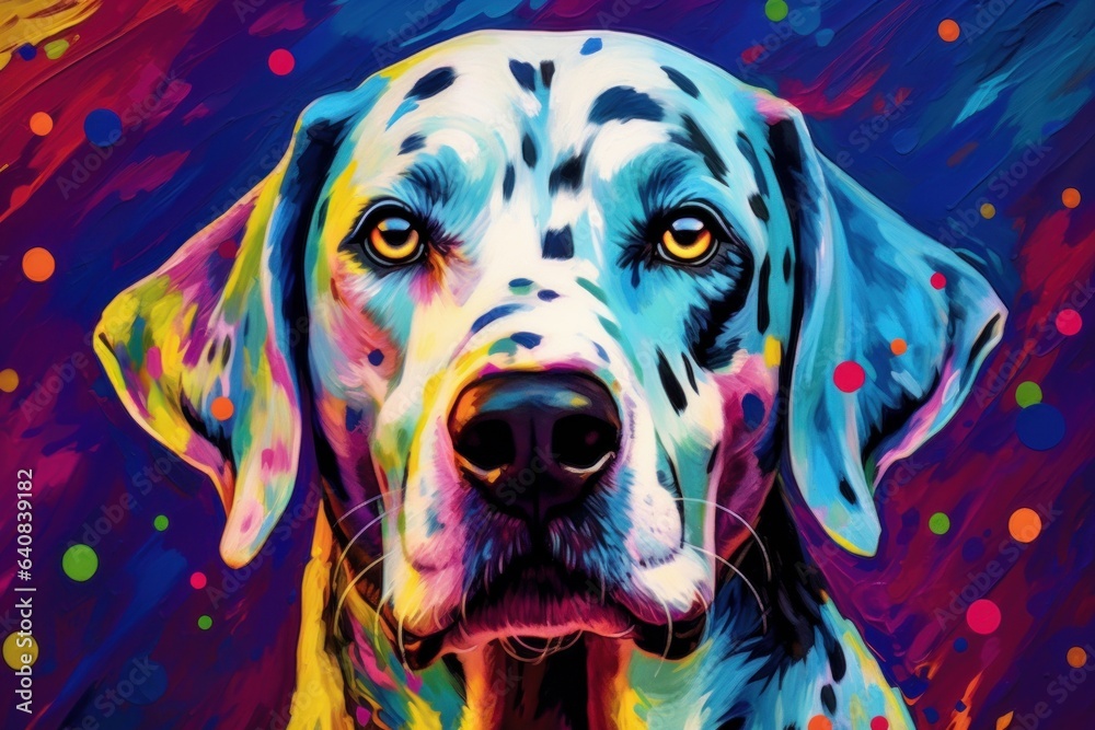 Portrait of a dalmatian dog created with bright paint splatters