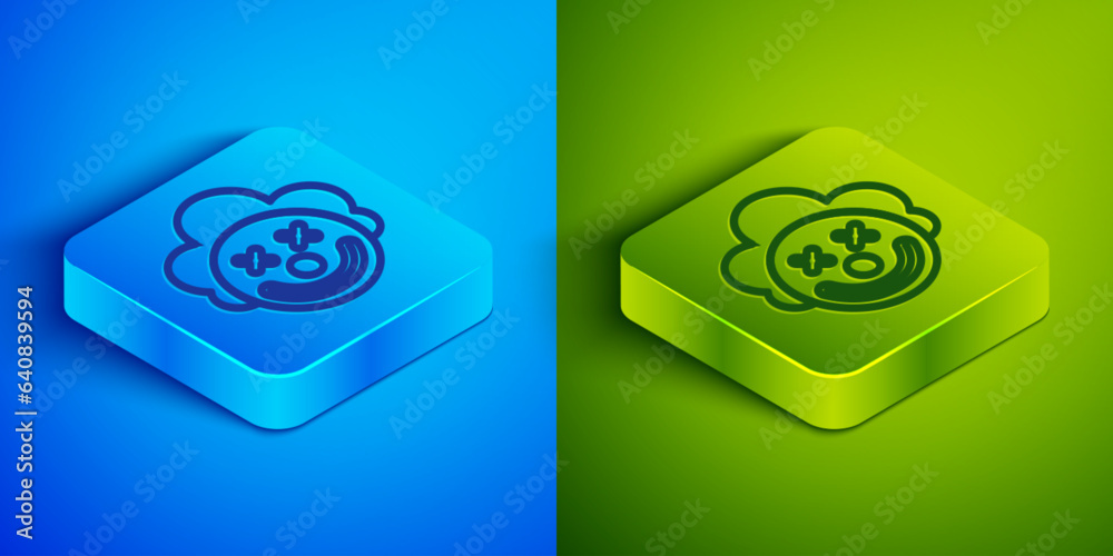 Isometric line Clown head icon isolated on blue and green background. Square button. Vector Isometric line Clown head icon isolated on blue and green background. Square button. Vector