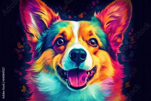 Bright abstract art - portrait of a welsh corgi dog painted with splashes and splatters of paint