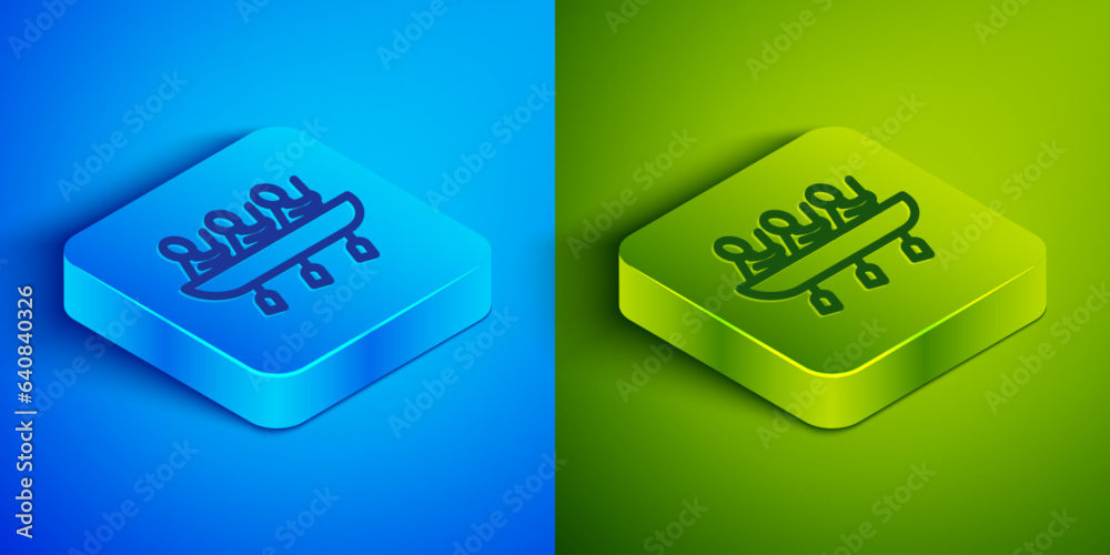 Isometric line Canoe rowing team sports icon isolated on blue and green background. Three athletes with oars rowing in boat. Teamwork concept. Square button. Vector Isometric line Canoe rowing team sports icon isolated on blue and green background. Three athletes with oars rowing in boat. Teamwork concept. Square button. Vector