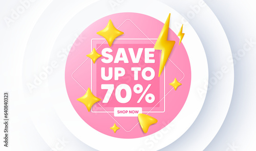 Save up to 70 percent tag. Neumorphic promotion banner. Discount Sale offer price sign. Special offer symbol. Discount message. 3d stars with energy thunderbolt. Vector