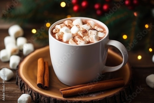 Cup of hot chocolate with marshmallow, Tradition Christmas winter sweet drink