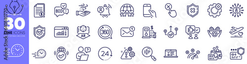 Web traffic, Hold smartphone and Search text line icons pack. Medical flight, Bid offer, Cogwheel web icon. Wind energy, Correct answer, Confirmed pictogram. Online question, New message, Info. Vector