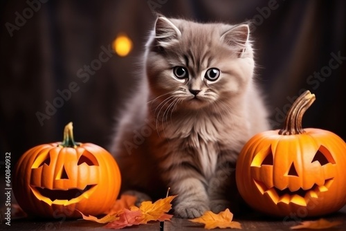 cute kitten and pumkins in the white room, halloween concept © Enigma