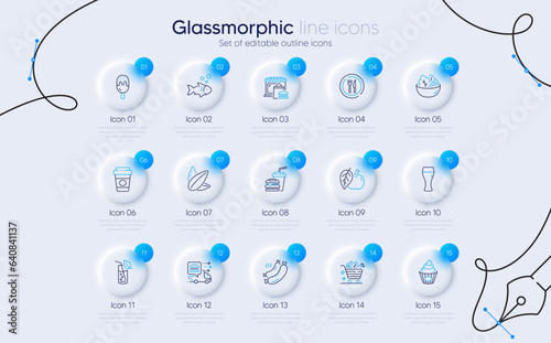 Set of Sunflower seed, Hamburger and Fish line icons for web app. Ice cream, Beer glass, Water glass icons. Food, Salad, Takeaway coffee signs. Cake, Grilled sausage, Apple. Vector