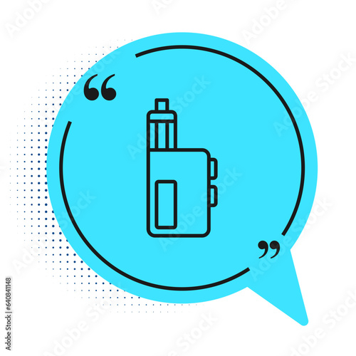 Black line Vape mod device icon isolated on white background. Vape smoking tool. Vaporizer Device. Blue speech bubble symbol. Vector