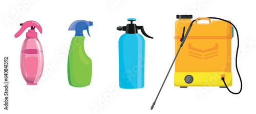 Set of colored sprayers in cartoon style. Vector illustration of different bottle sprayers, atomizers for spraying water isolated on white. Sprayers for hairdressing, gardening. Battery sprayer.