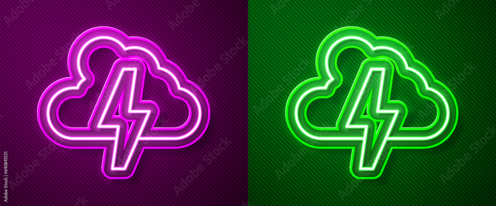 Glowing neon line Storm icon isolated on purple and green background. Cloud and lightning sign. Weather icon of storm. Vector Glowing neon line Storm icon isolated on purple and green background. Cloud and lightning sign. Weather icon of storm. Vector