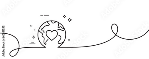 World donation line icon. Continuous one line with curl. Global charity sign. Online donate symbol. Donation single outline ribbon. Loop curve pattern. Vector
