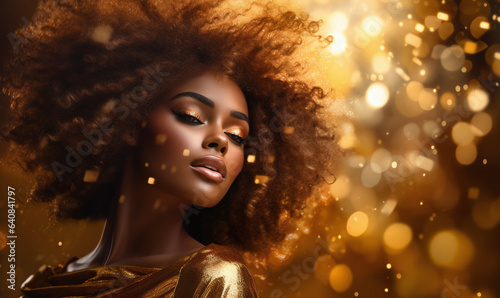 Young Woman in Glamorous Gold Ensemble, Striking a Pose. Festive Beauty in a Shimmering Golden Dress. Fashionable Lady with Sparkling, Curly Black Hair and Golden Glitter Flares