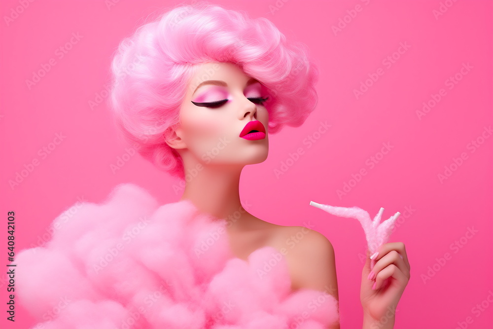 Emotion pink wig woman. Wide open mouth. Pink lips makeup Emotion pink wig woman. Wide open mouth. Pink lips makeup