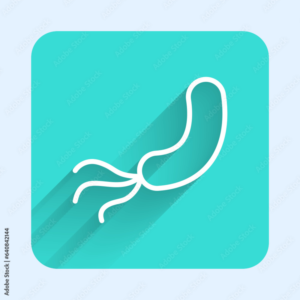 White line Bacteria icon isolated with long shadow background. Bacteria and germs, microorganism disease causing, cell cancer, microbe, virus, fungi. Green square button. Vector White line Bacteria icon isolated with long shadow background. Bacteria and germs, microorganism disease causing, cell cancer, microbe, virus, fungi. Green square button. Vector