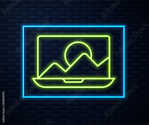 Glowing neon line Photo retouching icon isolated on brick wall background. Photographer, photography, retouch icon. Vector