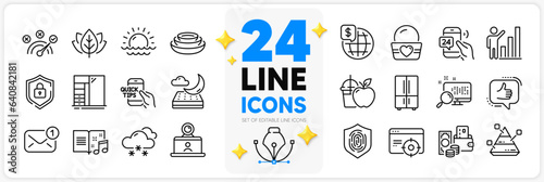 Icons set of Sunset, Seo targeting and Like line icons pack for app with Video conference, Search, Organic tested thin outline icon. Snow weather, Pyramid chart, New message pictogram. Vector