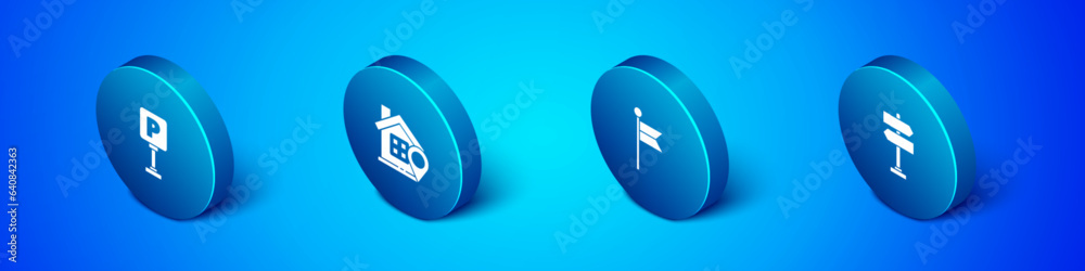 Set Isometric Parking, Location marker, Road traffic sign and with house icon. Vector Set Isometric Parking, Location marker, Road traffic sign and with house icon. Vector