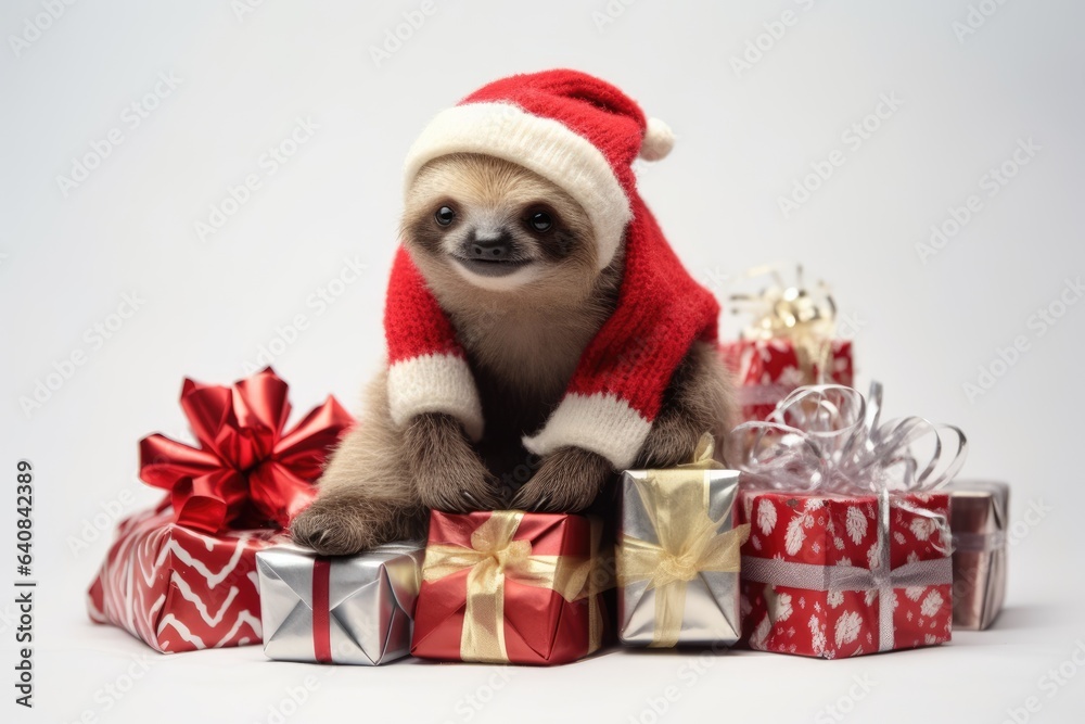 cute baby sloth with christmas gift boxes on white background cute baby sloth with christmas gift boxes on white background