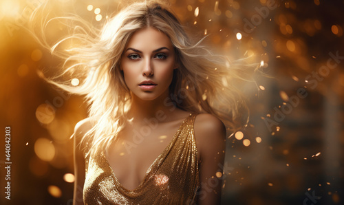 Radiant Youth Graceful Blonde Lady Adorned in Gold, Her Hair Sparkling in Glamorous Pose. Festive Charmer in a Golden Dress, Embodies Elegance. A Fashion Enthusiast Dazzling in Gold Glitter Flares.
