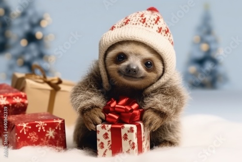 cute baby sloth with christmas gift boxes on white background